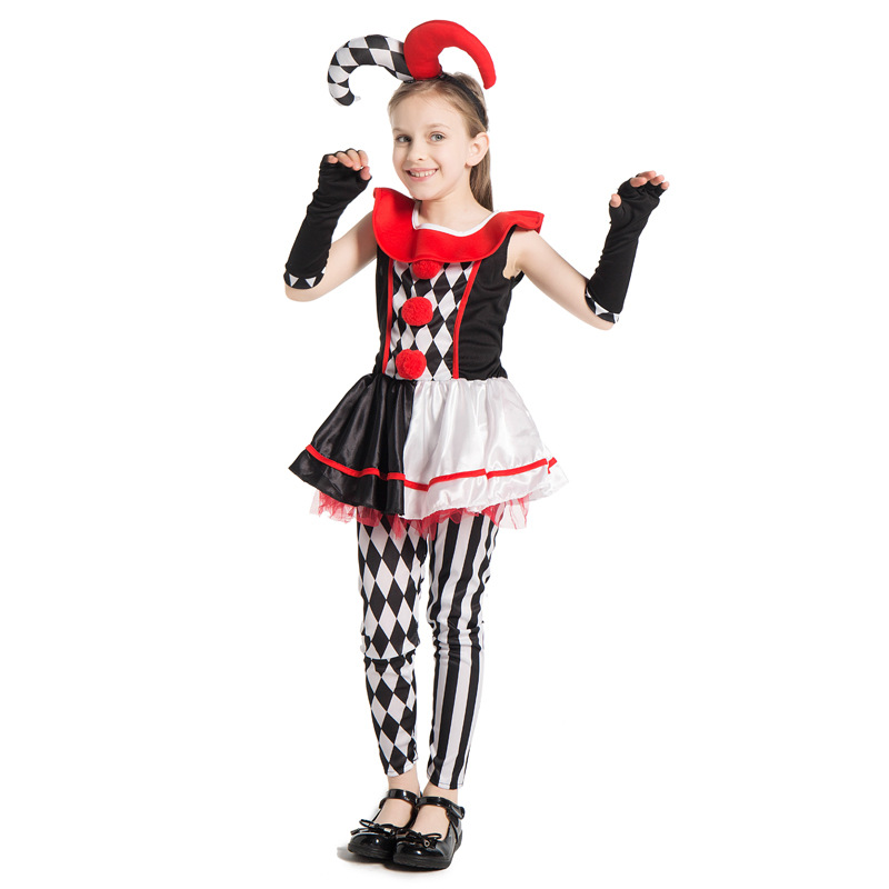 Girls Jester Clown Costume Halloween Kids Circus Scary Villain Tutu Dress Outfit